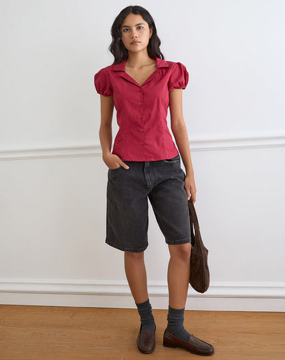Cloma Fitted Blouse with Puff Sleeves in Adrenaline Red