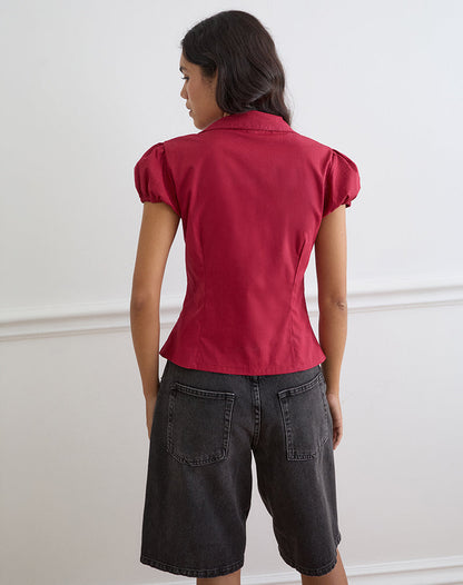 Cloma Fitted Blouse with Puff Sleeves in Adrenaline Red