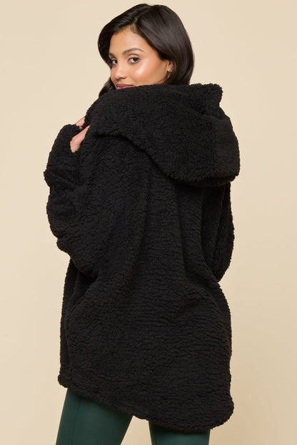 Faux Sherpa Cocoon Coat - Black