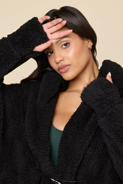 Faux Sherpa Cocoon Coat - Black