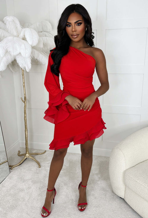 Frilled Senorita Red One Sleeve Ruched Frill Hem Mini Dress