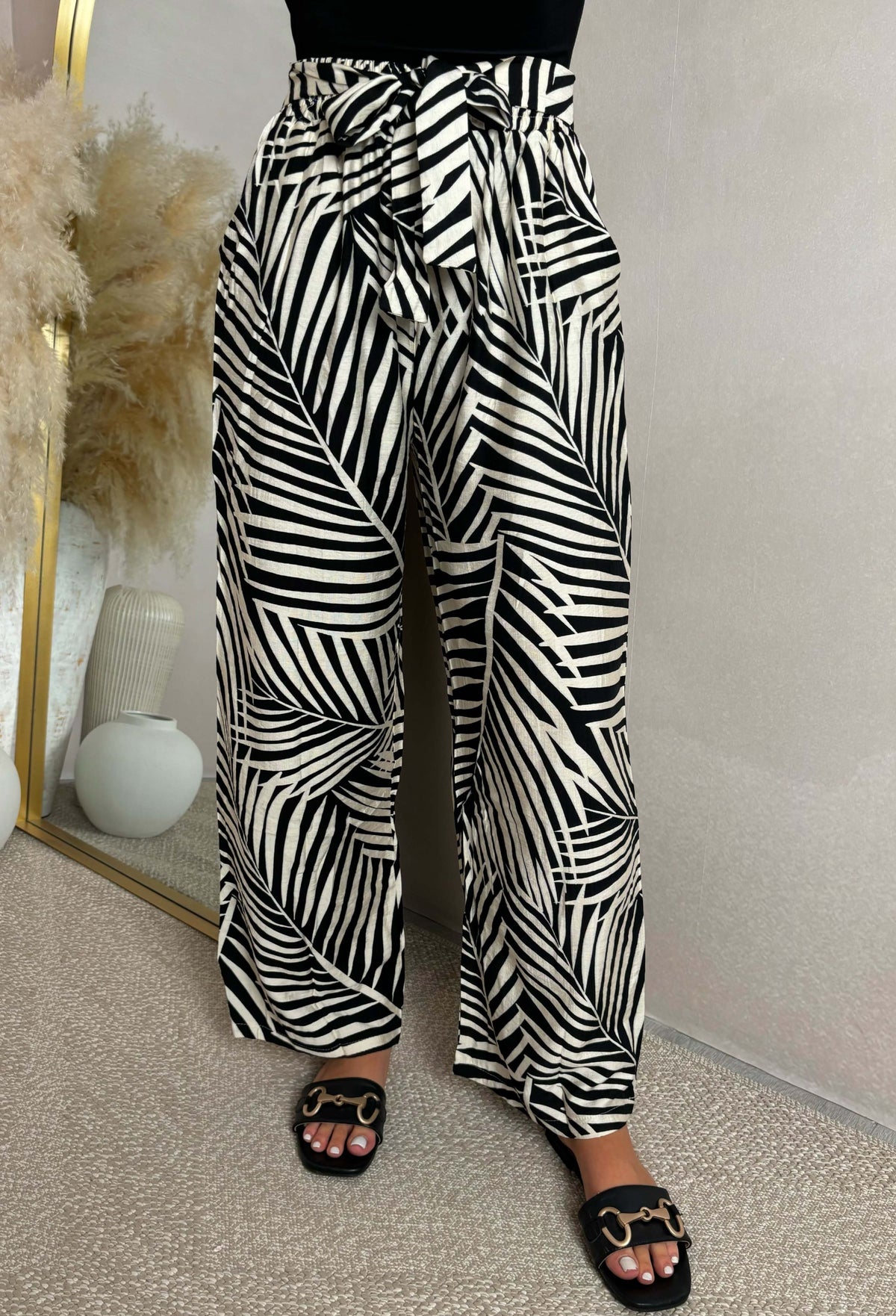 Heatwave Chic Black Tie Waist Tropical Trousers
