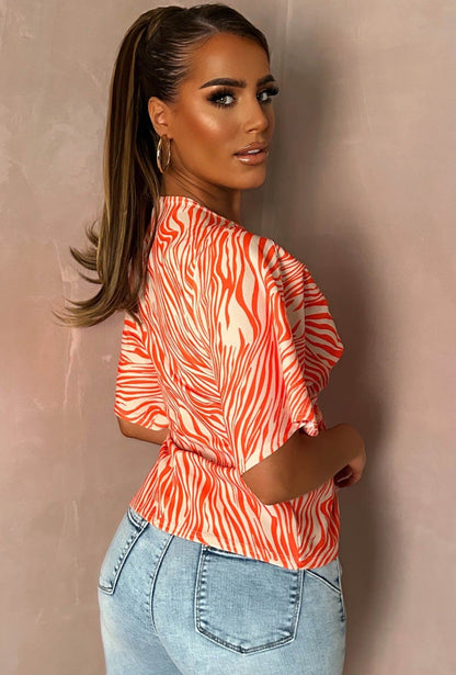 Hidden Flame Orange Knot Detail Crepe Top