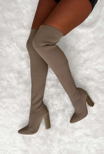 Just For You Brown Stretch Over The Knee Block Heel Boots