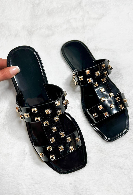 Hot & Trending Black Gold Stud Embellished Sandals