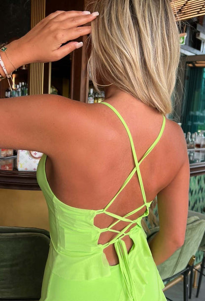 Frilling Temptation Green Frilled Lace Up Back Cami Maxi Dress