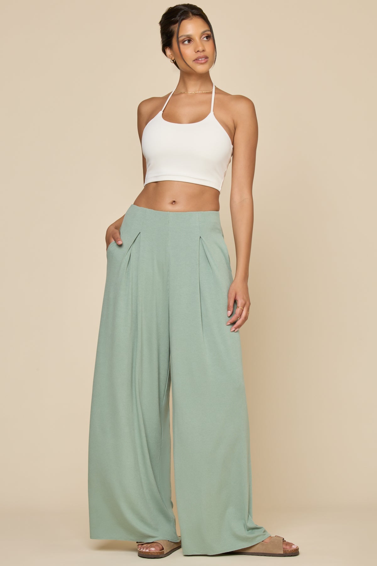 Go with the Flow Wide Leg Pant - Evening Moss