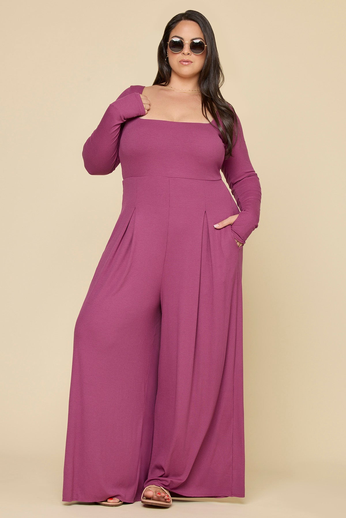 Go With The Flow Long Sleeve Jumpsuit - Raspberry