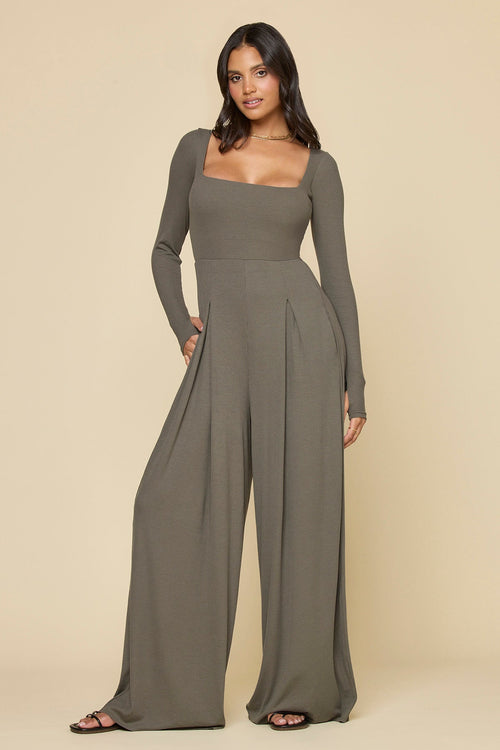 Go With The Flow Long Sleeve Jumpsuit - Rustic Olive