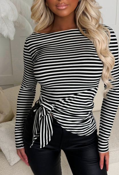 Get Your Own Monochrome Knot Detail Stretch Striped Long Sleeve Top