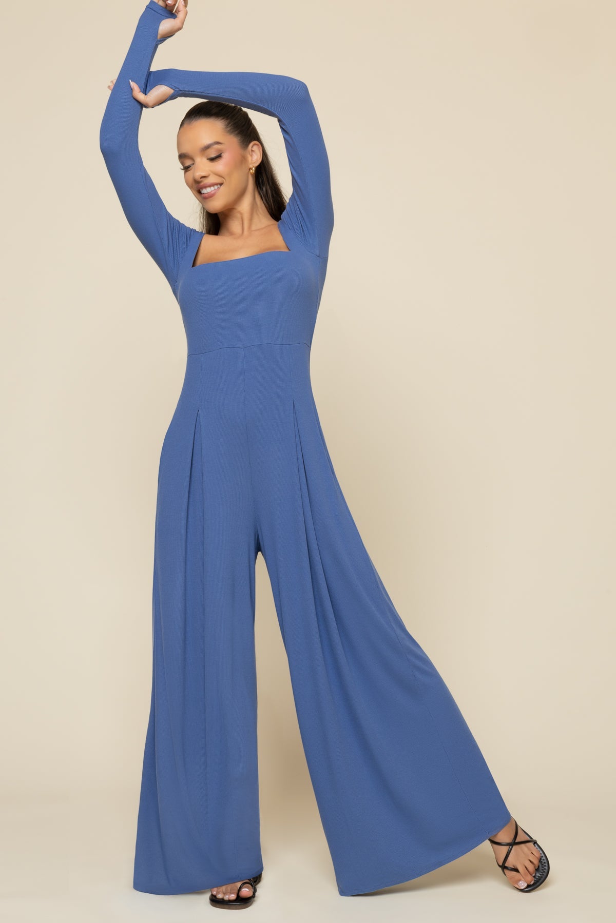 Go With The Flow Long Sleeve Jumpsuit - Blue Horizon