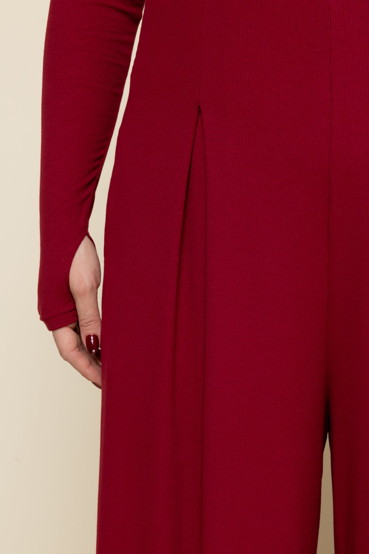 Go With The Flow Long Sleeve Jumpsuit - Deep Cherry