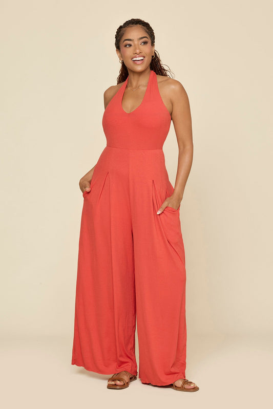 Halter Go with the Flow Jumpsuit - Cayenne
