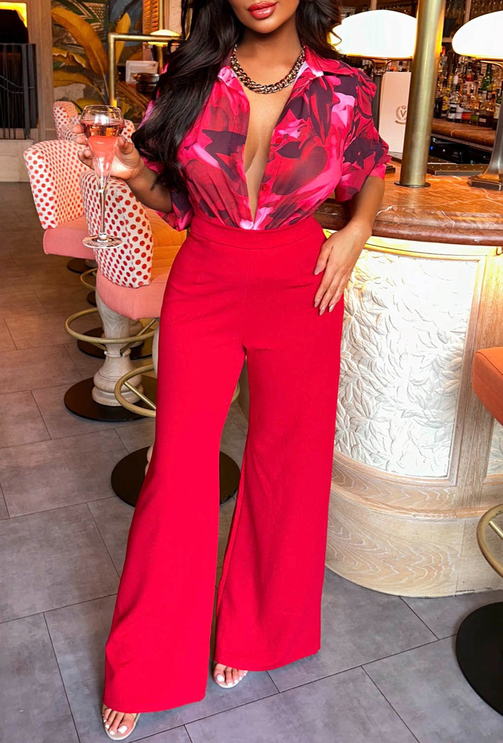 I See Fire Red High Waisted Wide Leg Trousers
