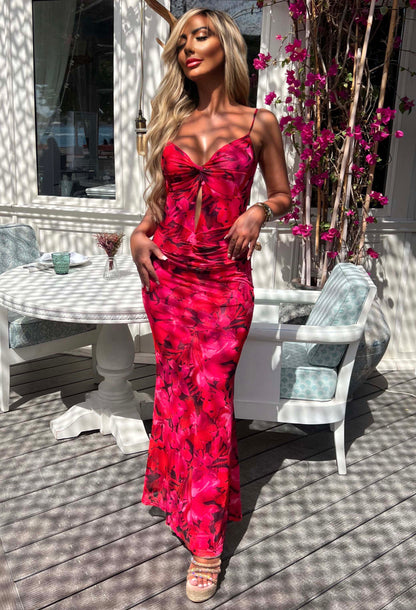 Island Sunset Pink Vivid Print Backless Cami Maxi Dress