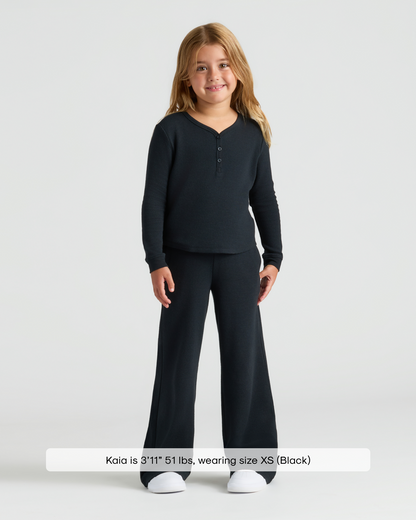 Girls Black Waffle Wide Leg Pants