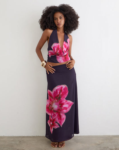 Bujau Plunge Cowl Neck Top in Purple Chiffon with Desert Flower
