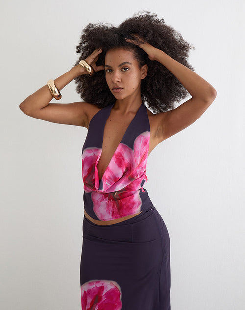 Bujau Plunge Cowl Neck Top in Purple Chiffon with Desert Flower