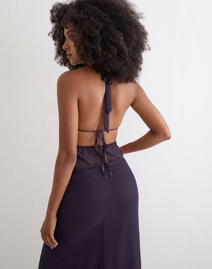 Bujau Plunge Cowl Neck Top in Purple Chiffon with Desert Flower