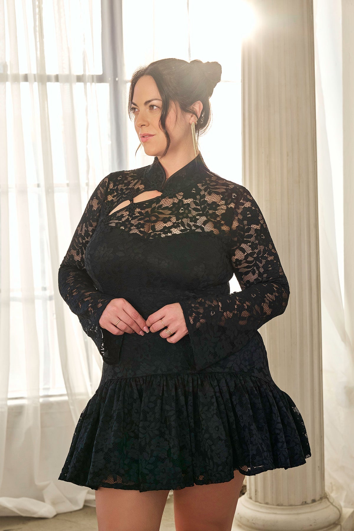 Mandarin Collar Festival Dress - Black