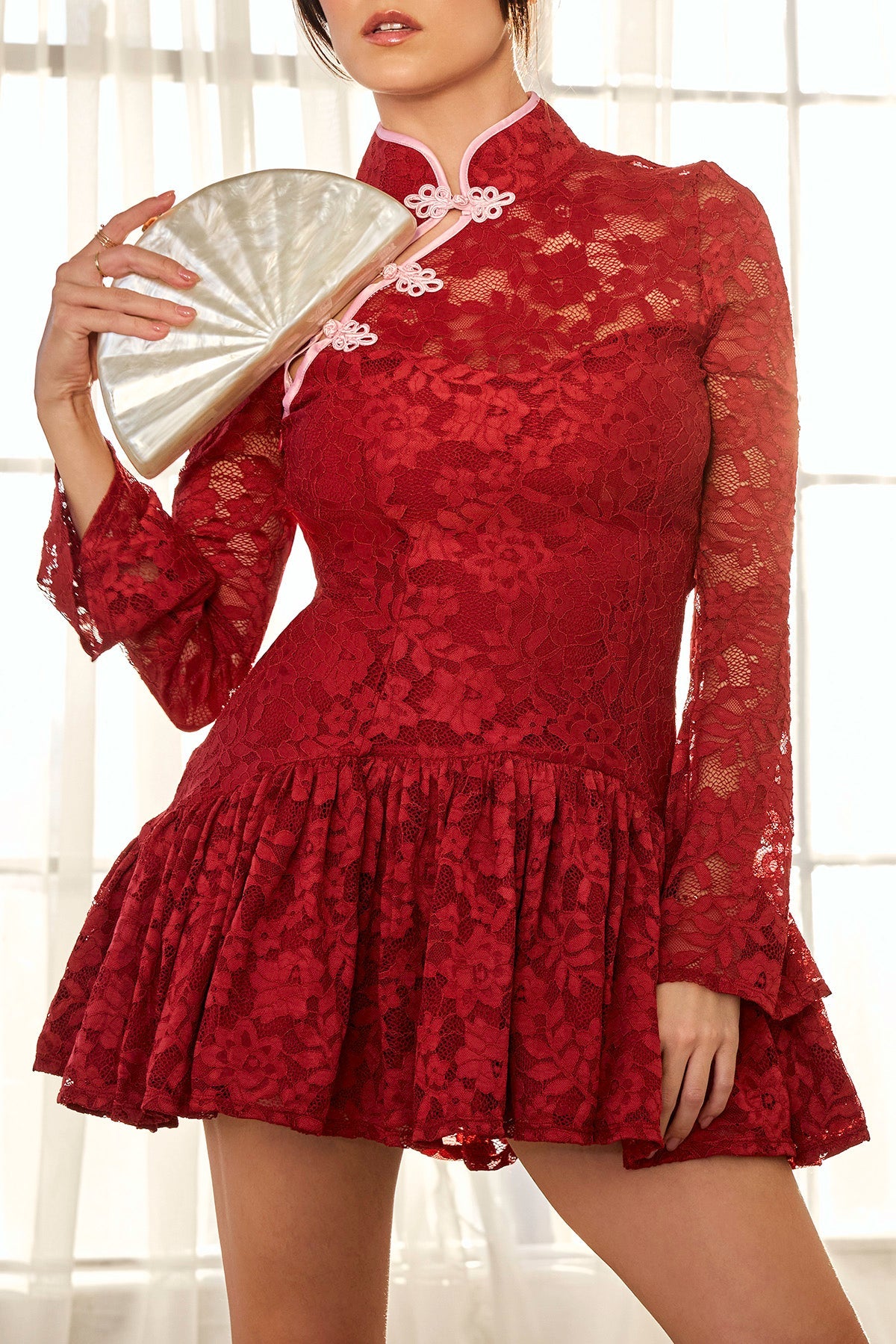Mandarin Collar Festival Dress - Deep Cherry