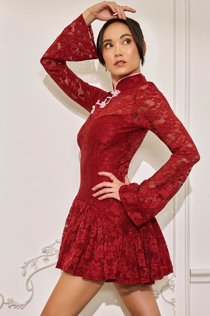 Mandarin Collar Festival Dress - Deep Cherry