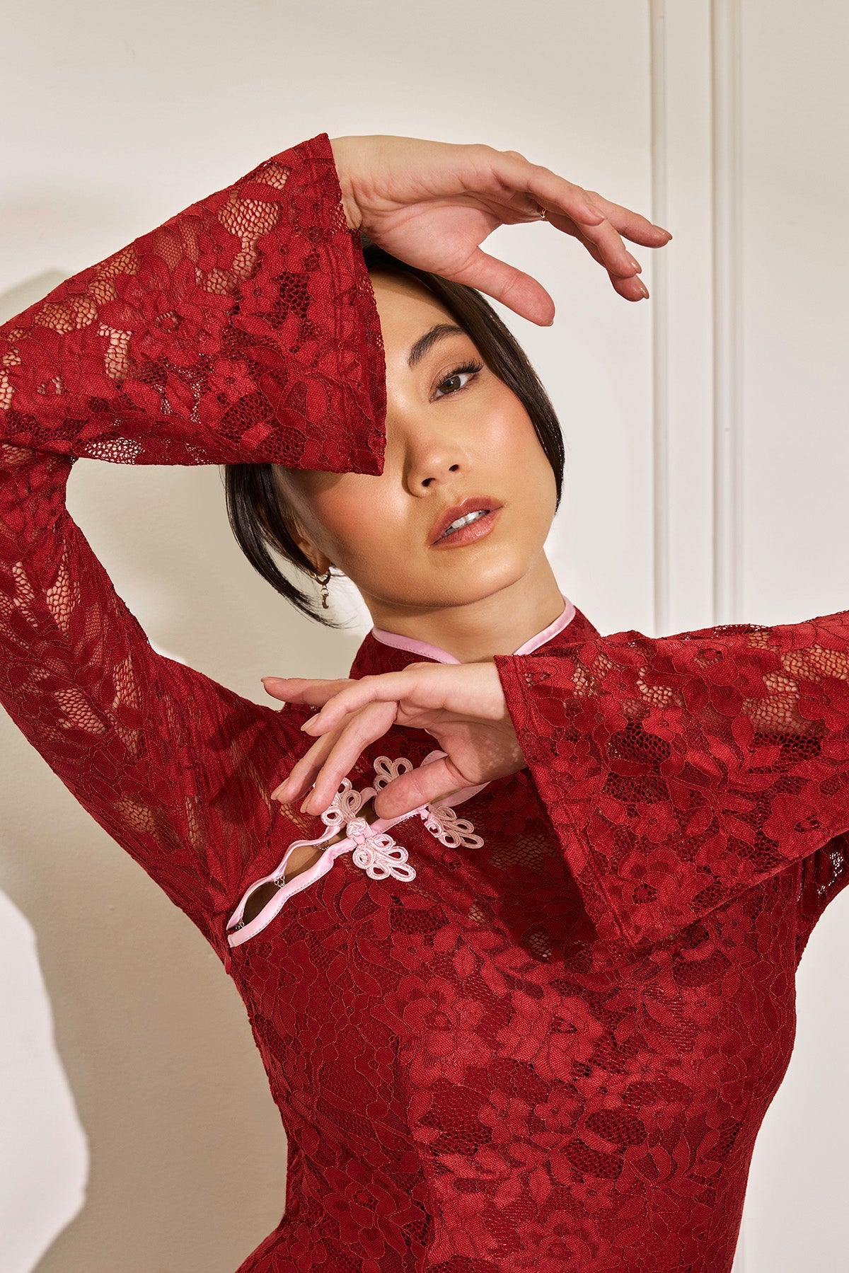 Mandarin Collar Festival Dress - Deep Cherry