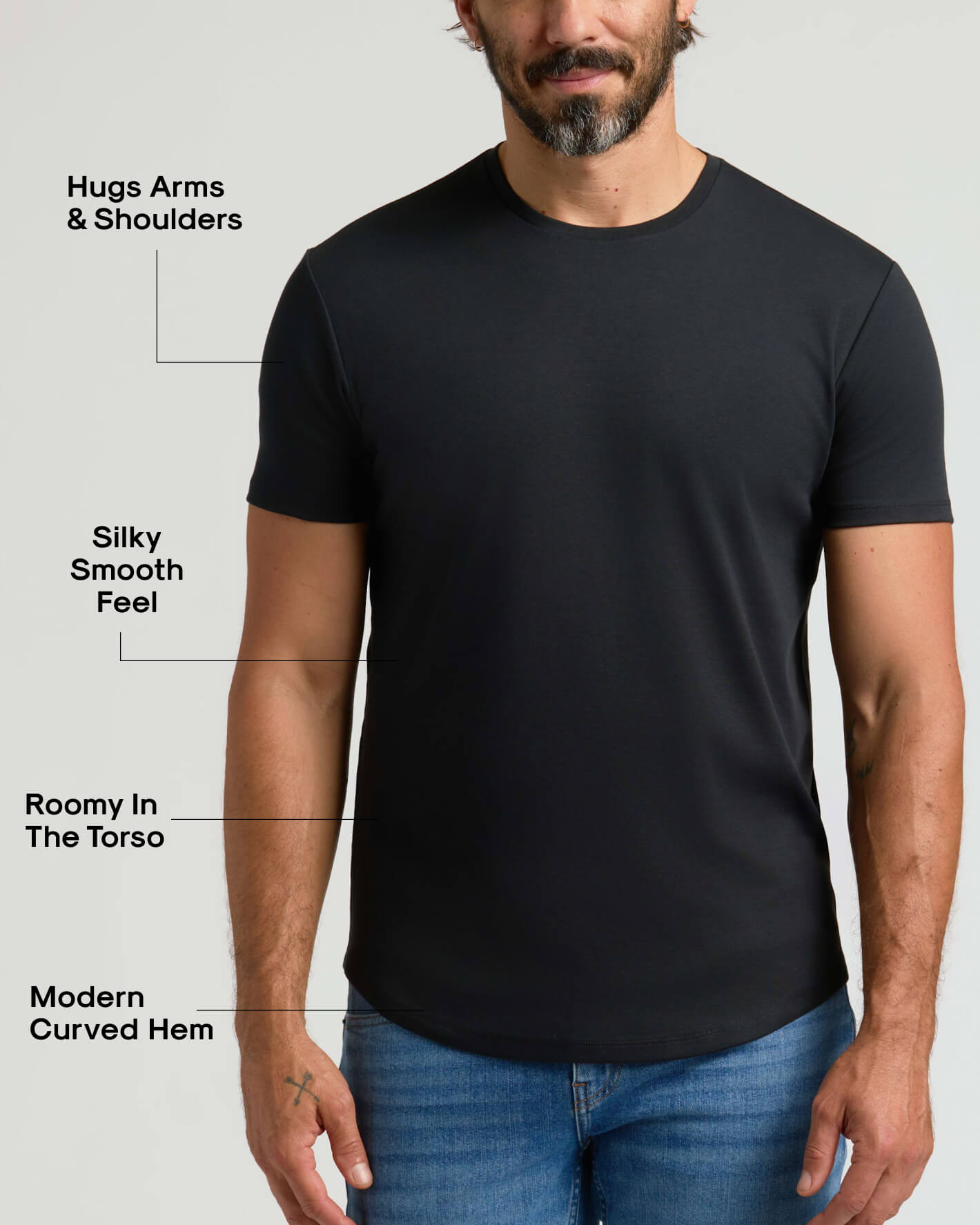 Black Pima Cotton Blend Curved Hem Crew