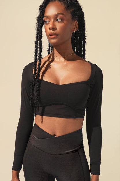 Sweetheart Long Sleeve Crop Top - Black