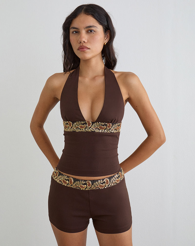 Belvani Mini Short in Brown with Embroidered Sequin Trim