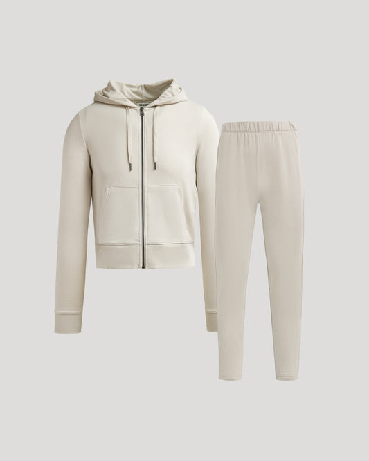 Womens Oatmeal Crop Zip Hoodie & Relaxed Jogger 2-Pack