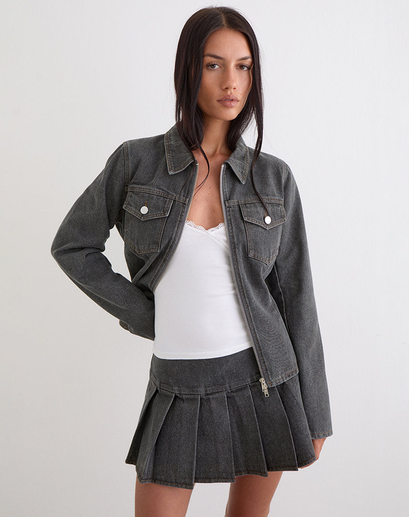 Casna Pleated Mini Skirt in Denim Grey Wash