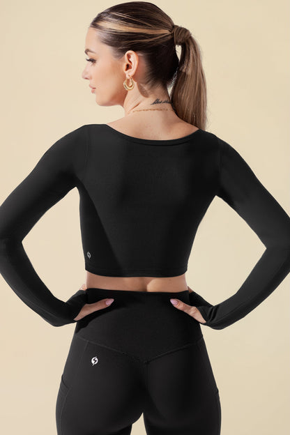 Sweetheart Long Sleeve Crop Top - Black