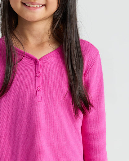 Girls Electric Fuchsia Long Sleeve Boxy Waffle Henley