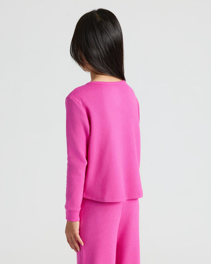 Girls Electric Fuchsia Long Sleeve Boxy Waffle Henley