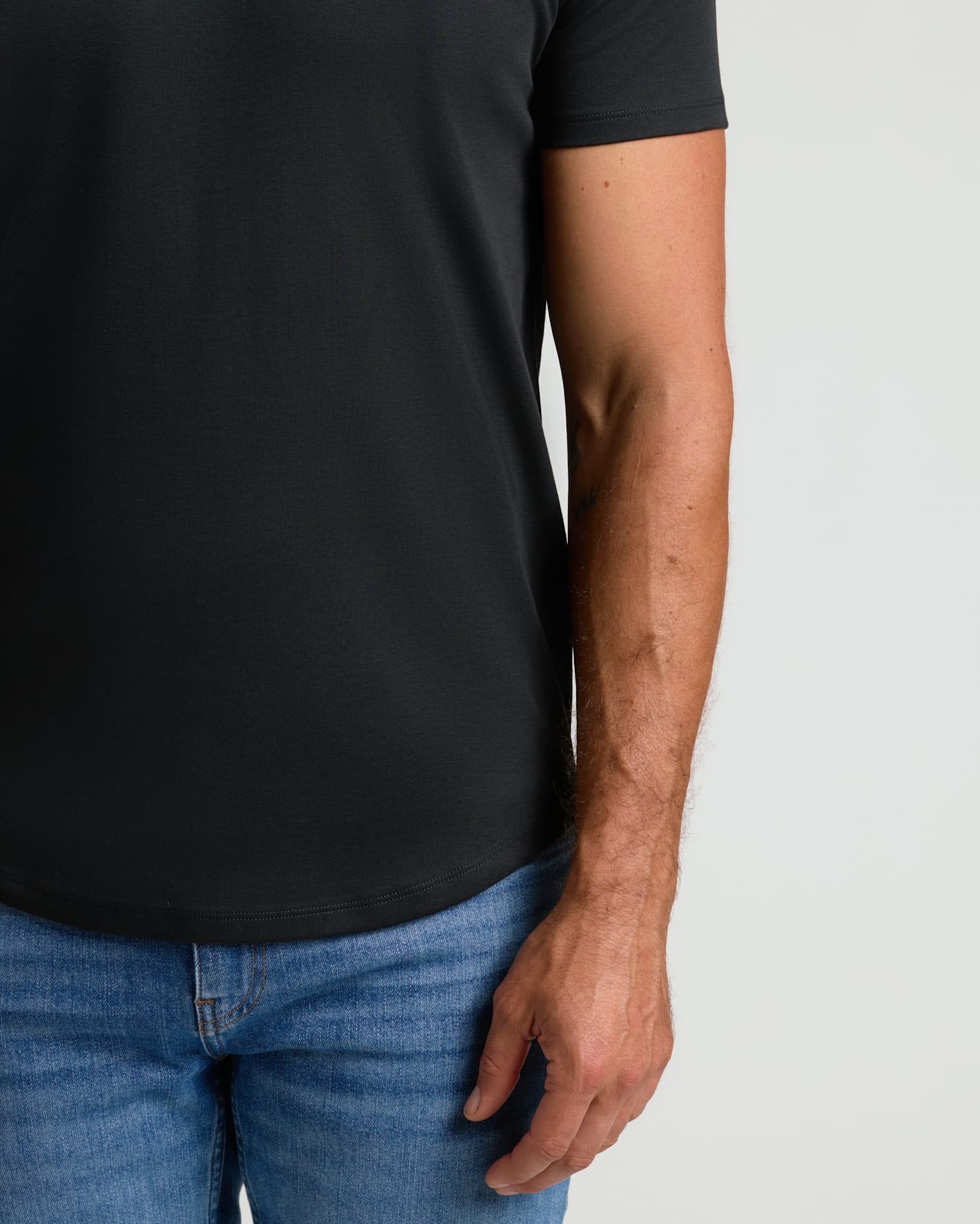 Black Pima Cotton Blend Curved Hem Crew