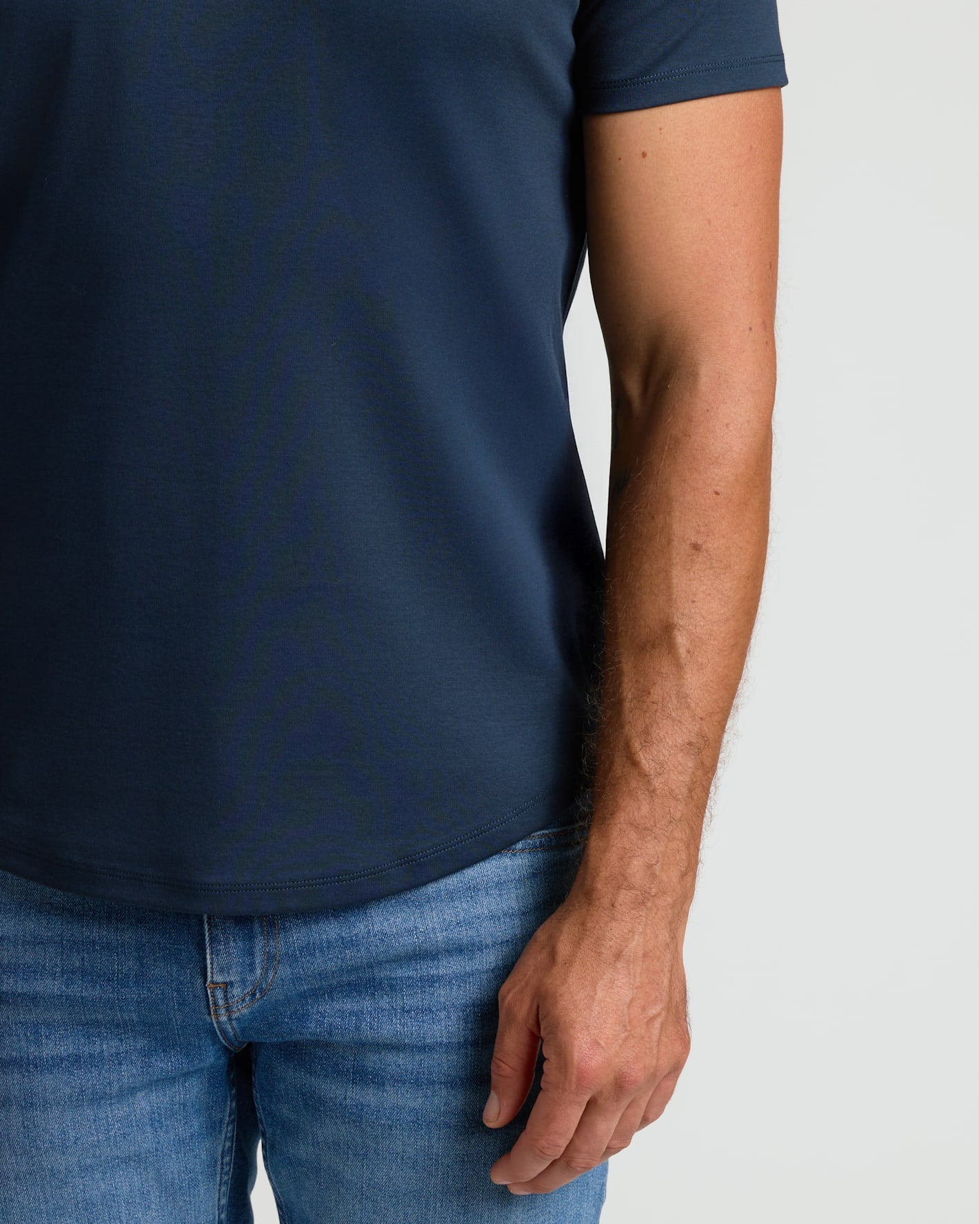 Navy Pima Cotton Blend Curved Hem Crew