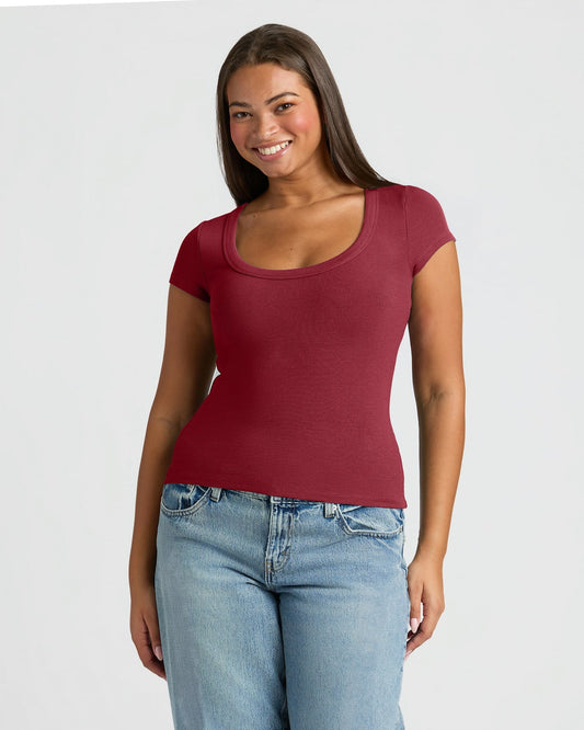 Womens Dark Maroon Ribbed U-Neck Tee