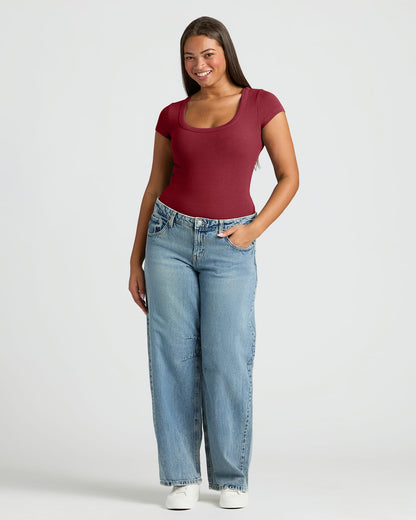Womens Dark Maroon Ribbed U-Neck Tee