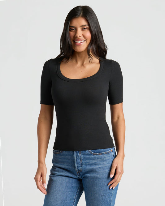 Womens Black Ribbed 3/4 Sleeve Scoop Neck Tee