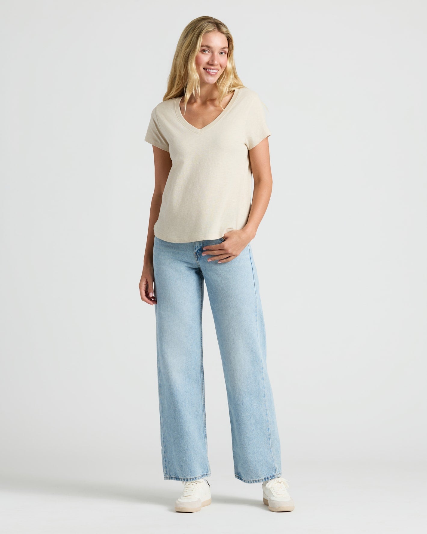 Womens Oatmeal Relaxed Slub V-Neck Tee 2-Pack