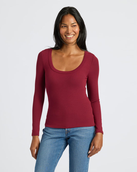 Womens Dark Maroon Ribbed Long Sleeve Scoop Neck Tee