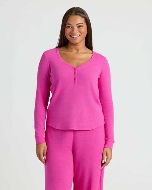 Womens Electric Fuchsia Waffle Long Sleeve Boxy Henley