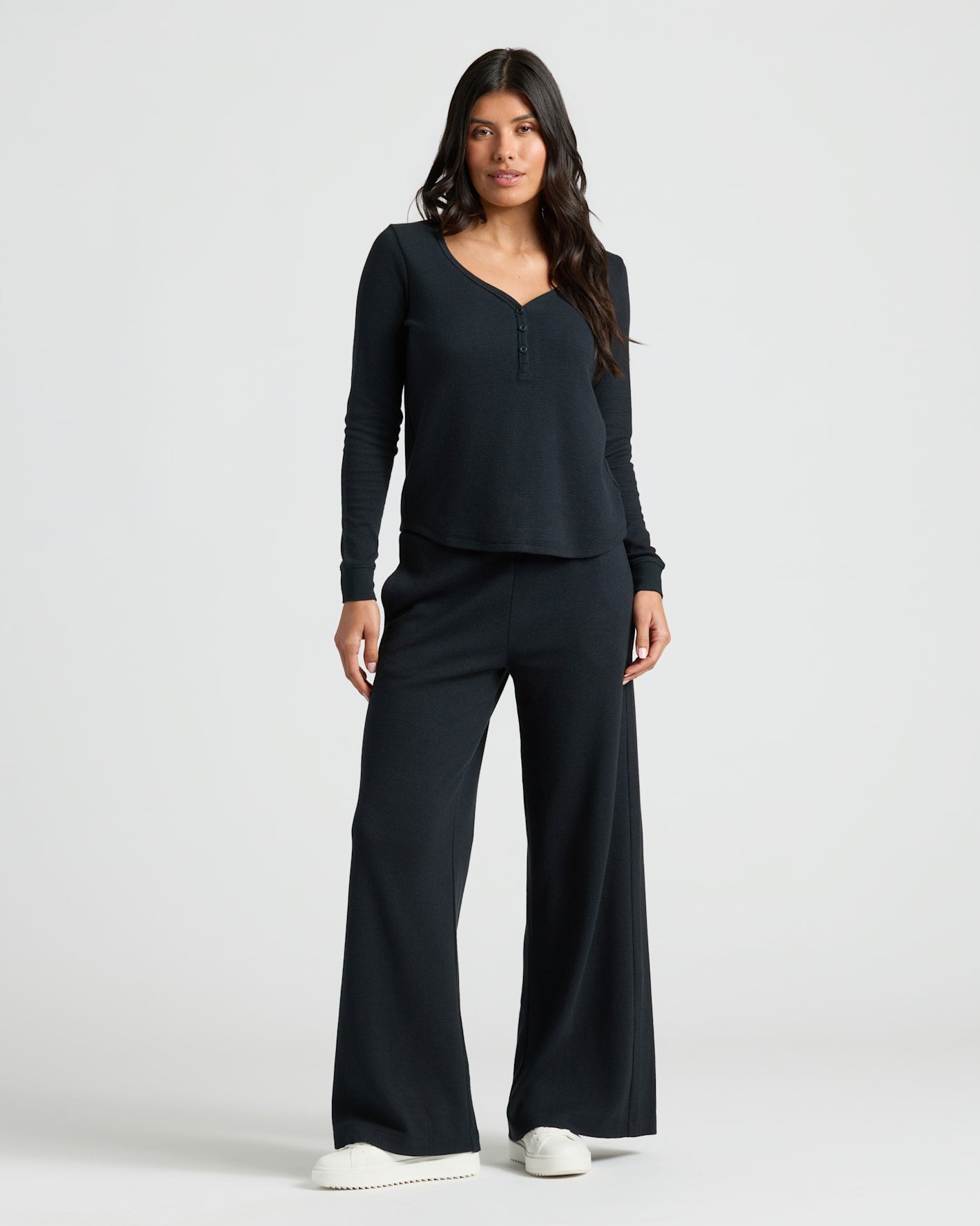 Womens Black Waffle Wide Leg Pants