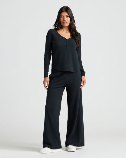 Womens Black Waffle Wide Leg Pants