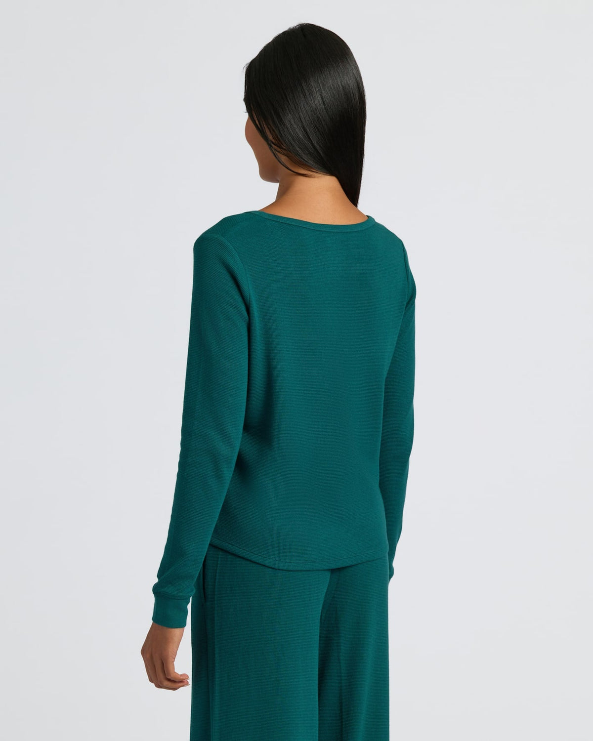 Womens Deep Emerald Waffle Long Sleeve Henley & Waffle Leg Pant 2-Pack