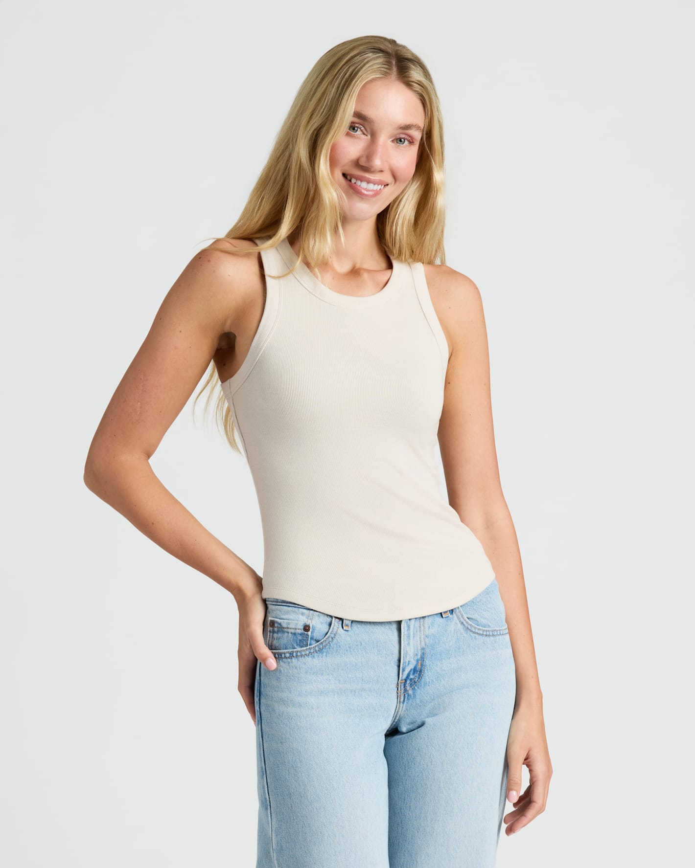 Womens Oatmeal Ribbed High Neck Tank 3-Pack