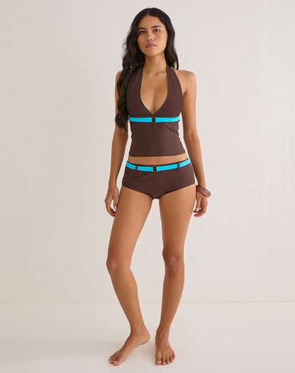 Avi Swim Short in Brown with Blue Belt