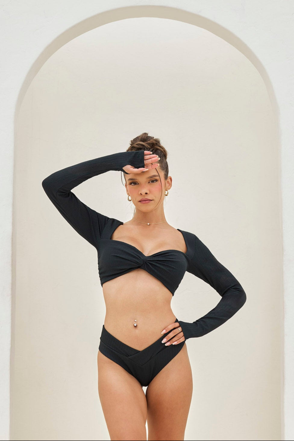 Tranquil Twist Long Sleeve Bikini Top - Black Bold Rib