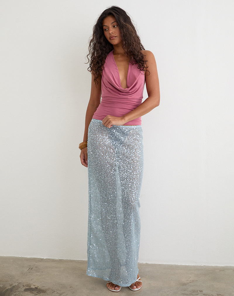 Alphia Maxi Skirt in Seafoam Sequin Knit Blue